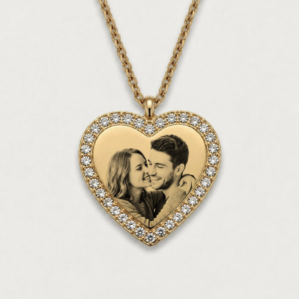 Colar coração brilhante dourado com gravação de fotografia personalizada