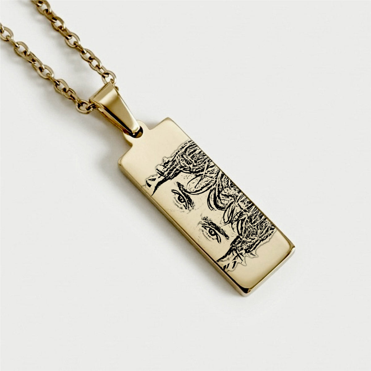 Colar vertical dourado com gravação de olhar em estilo desenho personalizada