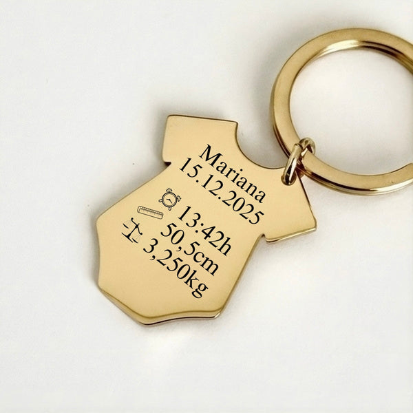 Porta chaves bebé dourado com gravação de dados de nascimento personalizada