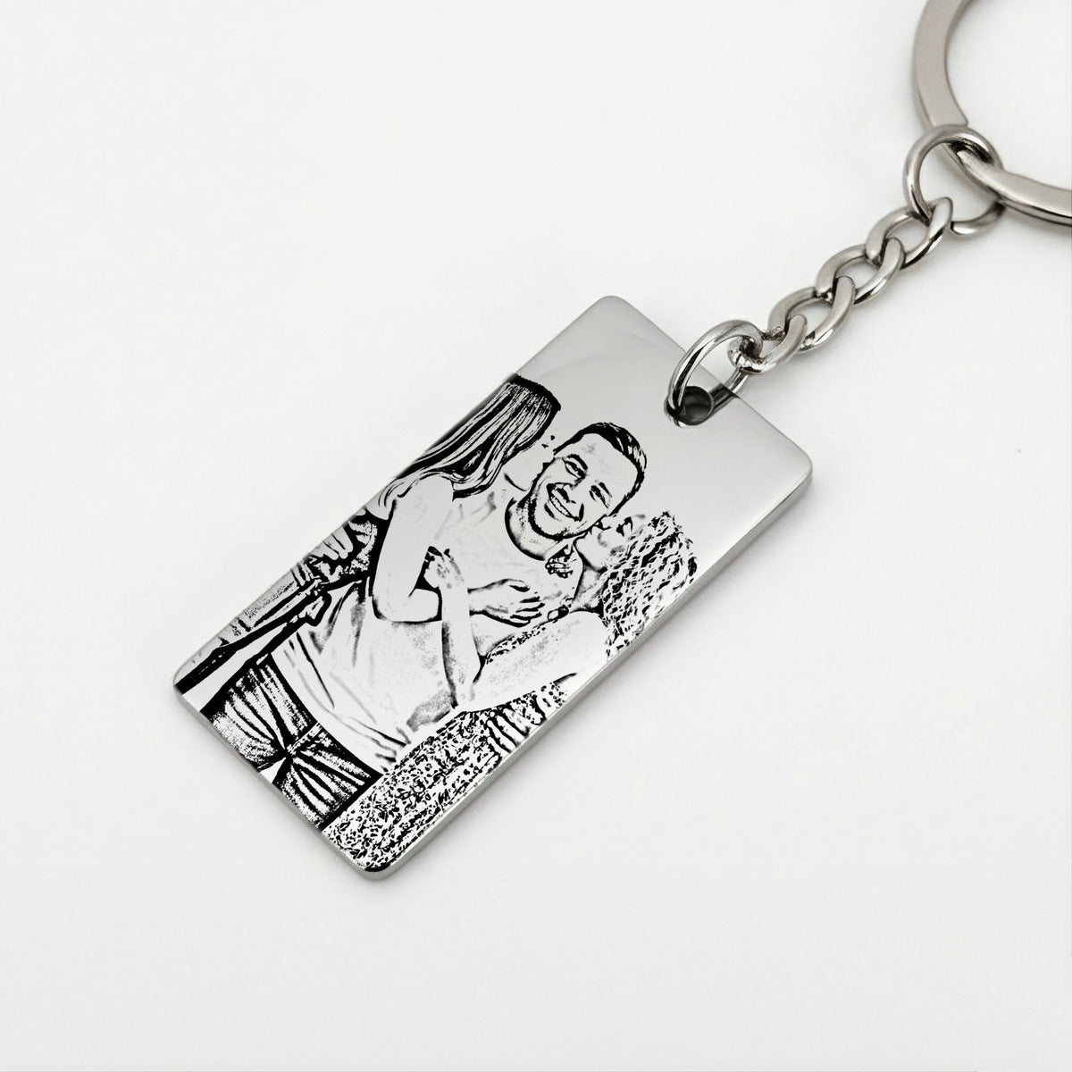 Porta-chaves retângulo prateado com fotografia estilo desenho personalizada