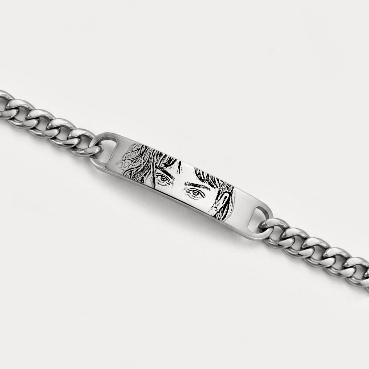 Pulseira cubana prateada com gravação de fotografia do olhar em estilo desenho personalizada