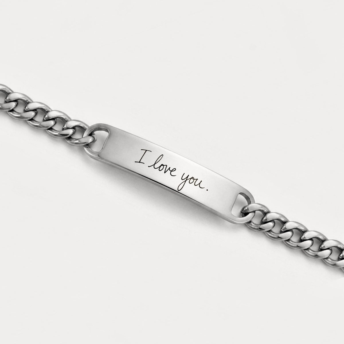 Pulseira cubana prateada com gravação de texto manuscrito personalizada