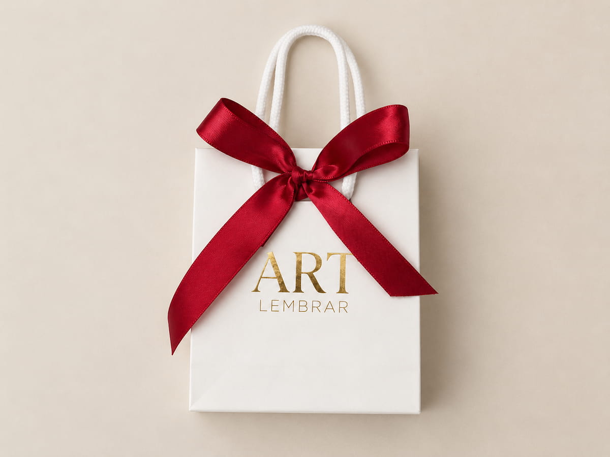 Saco de presente branco Art Lembrar com logótipo dourado e laço vermelho de cetim